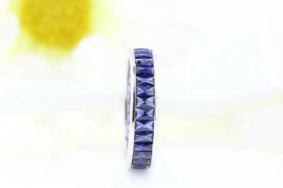 14K White Gold Plated Lab-Created Blue Sapphire Men Wedding Eternity Band 2Ct