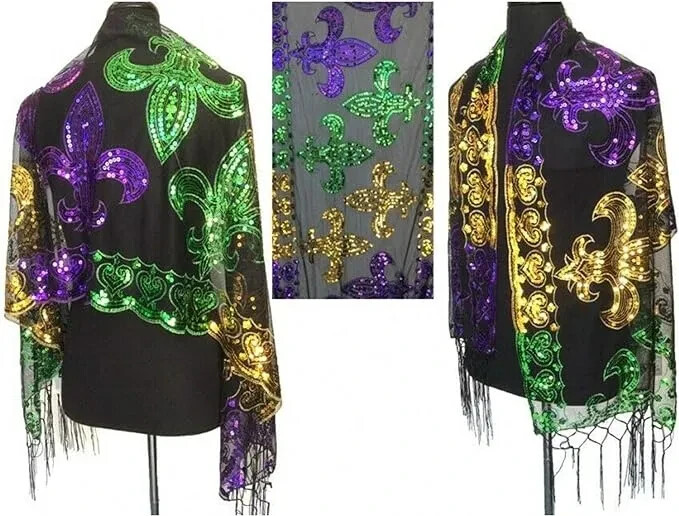 Mardi Gras Fleur De Lis Fringe Sequin Oblong Scarf