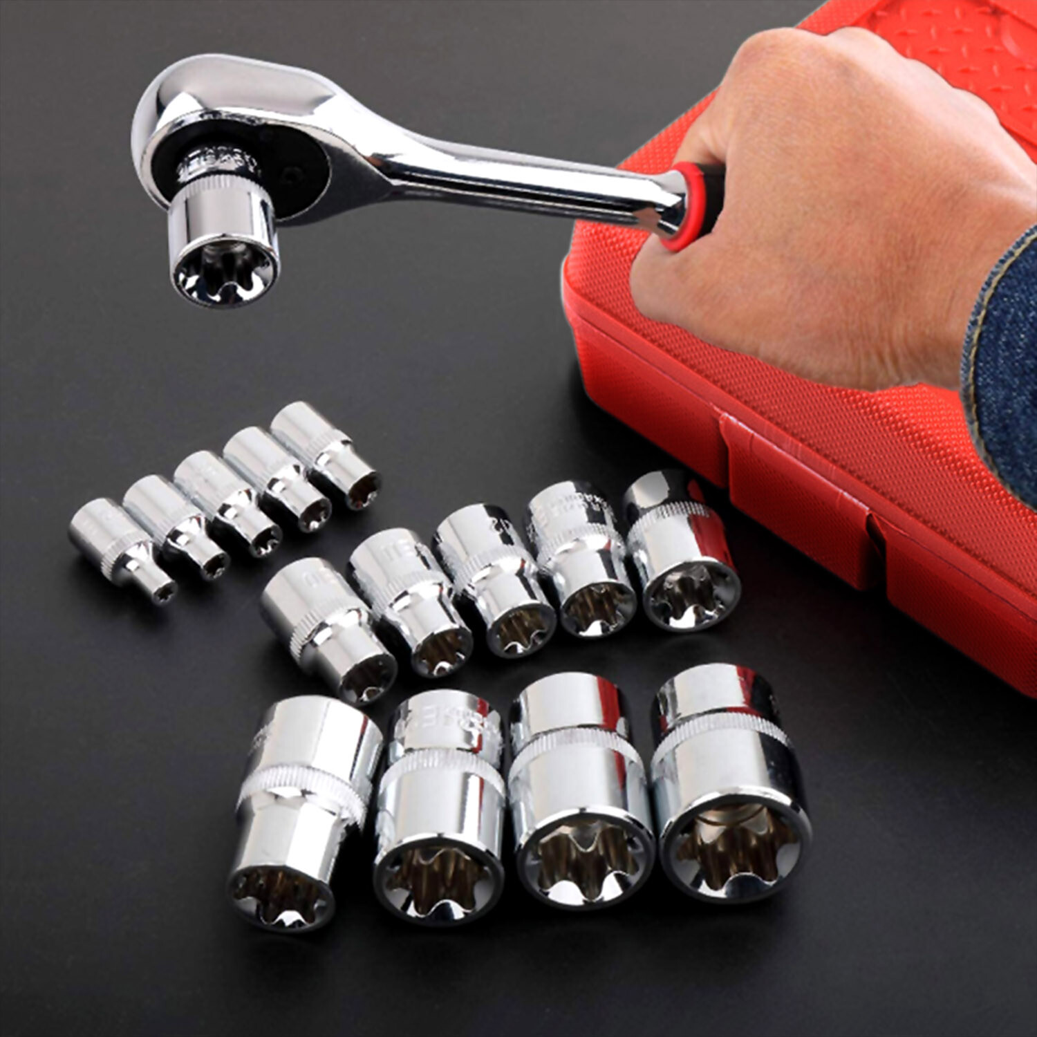 14 PCS E Torx Star Female Bit Socket Set 1/2" 3/8" 1/4" Drive E4 - E24 with Case