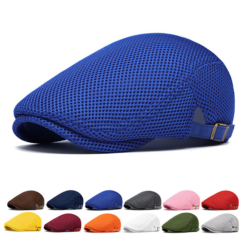 Men Breathable Mesh Summer Sun Hat Adjustable Duckbill Hollow Newsboy Flat Cap