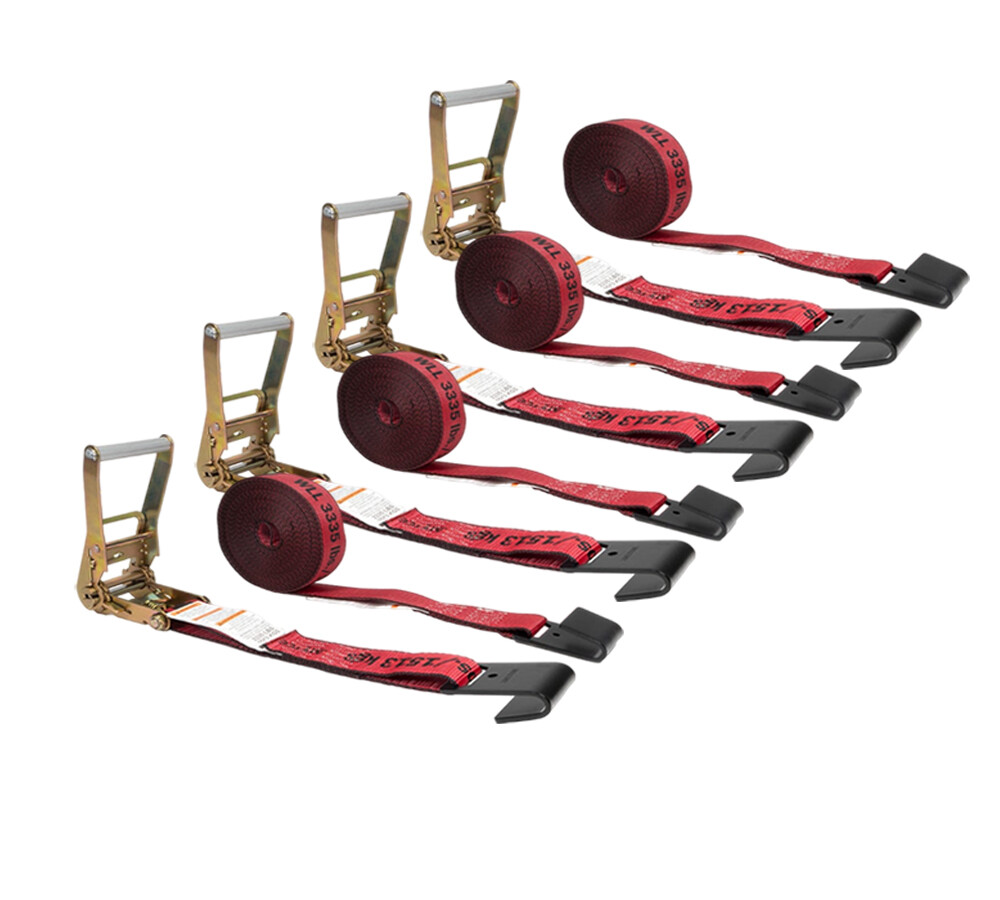 (Pack 4) 2"x30' Kinedyne Red Tie-Down Ratchet Straps w/ Flat Hooks, 3,335 WLL