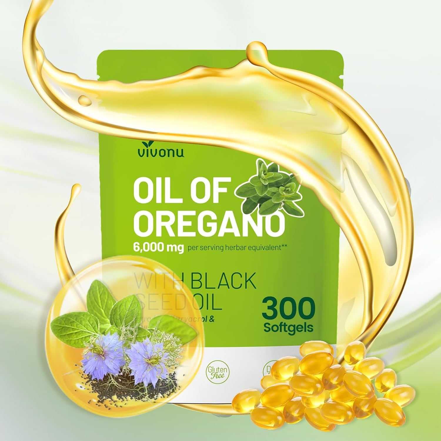 VivoNu Oil of Oregano with Black Seed Oil, 300 Count (Pack 1), 300pp/1 Bag