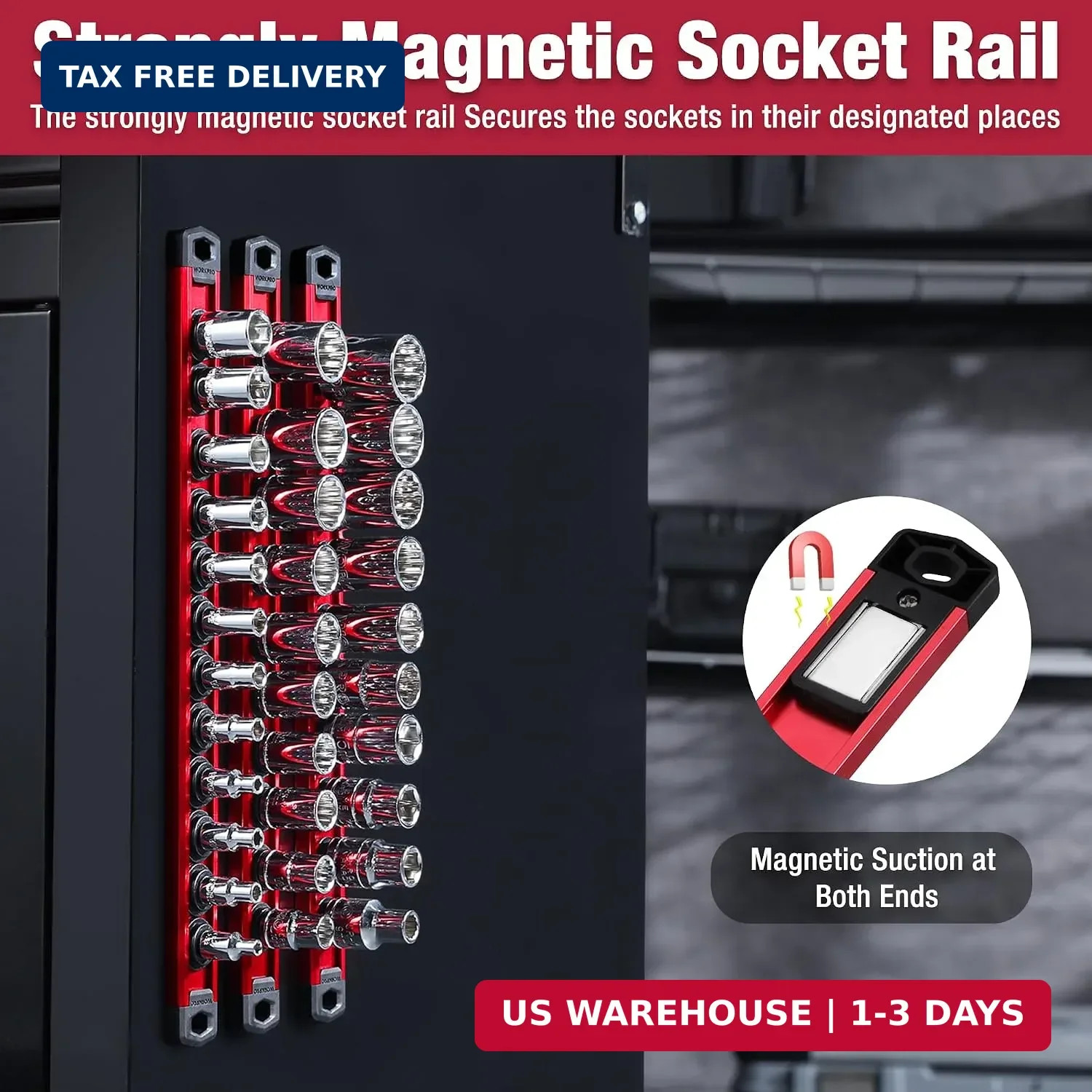 WORKPRO Magnetic Socket Organizer, Heavy Duty 3/8-Inch Drive Socket Rail | 1 Pie