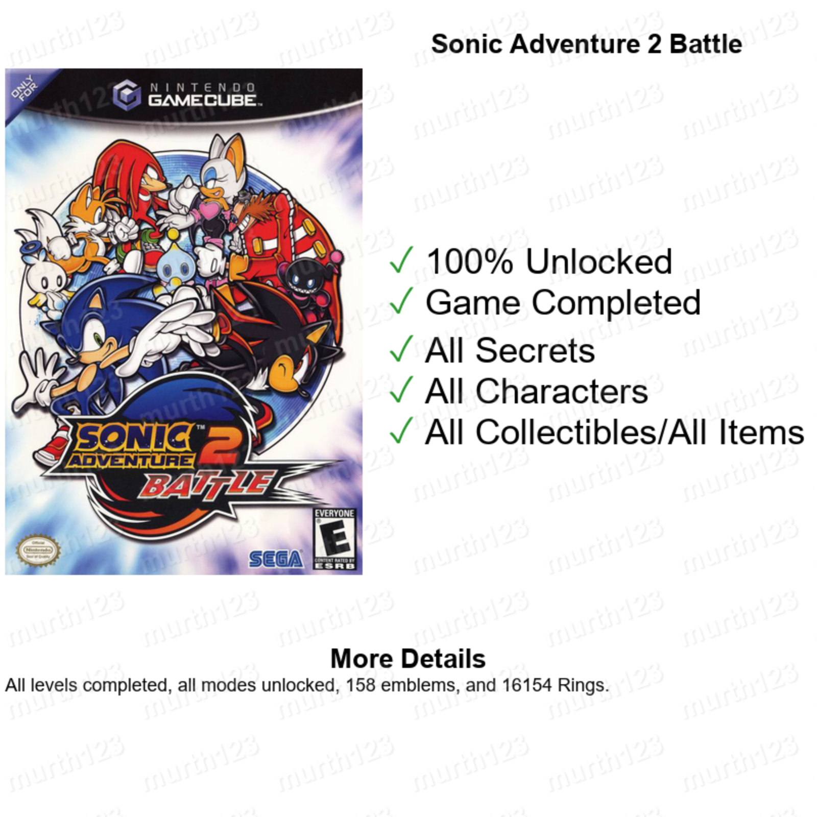 Sonic Mega Collection Riders Heroes Gems Save GameCube Memory Card Unlocked
