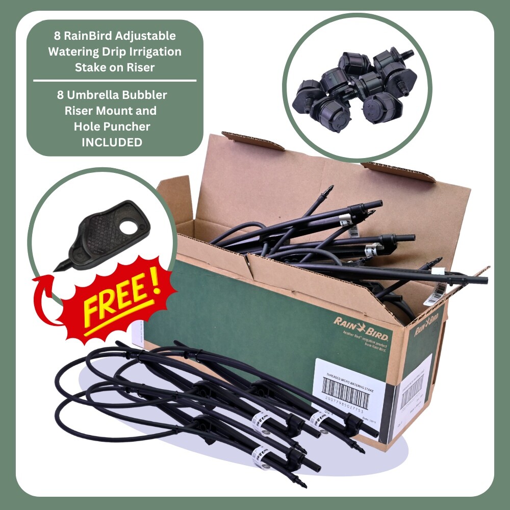 8 RainBird Adjutable Watering Drip Irrigation Stake on Riser w Umbrella Bubblers