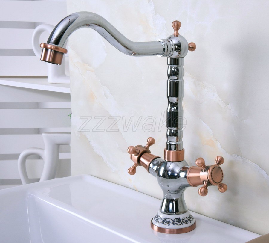 Chrome & Red Copper Bathroom Dual Handles Sink Mixer Tap Basin Faucet znf902