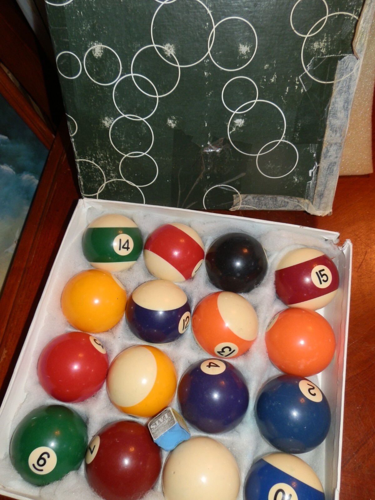 Vintage MCM Green Box Pool Balls Billiard Set 2 1/4” W/Box
