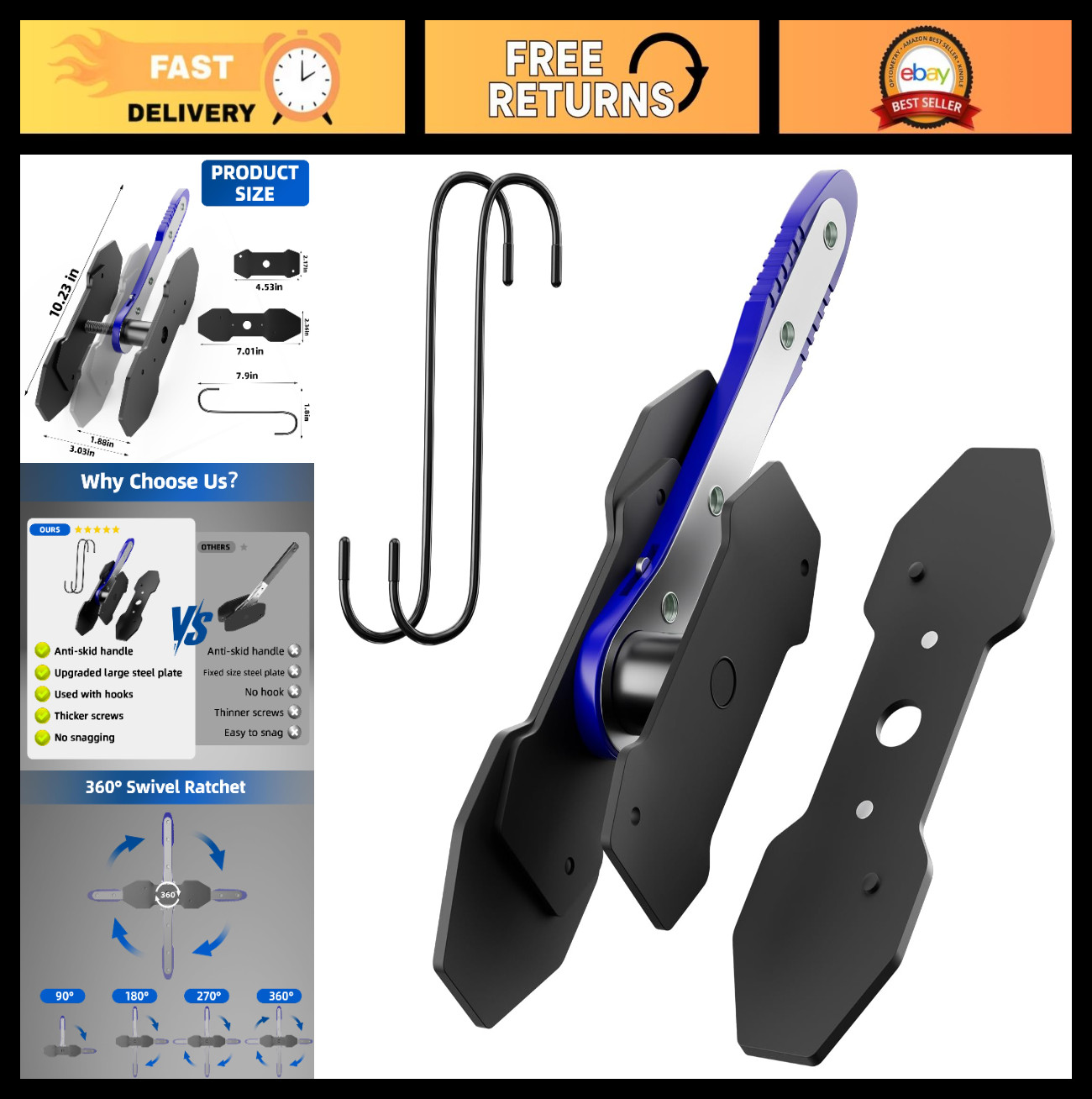 Brake Caliper Compression Tool - 360° Adjustable Piston Compressor with Steel Pl