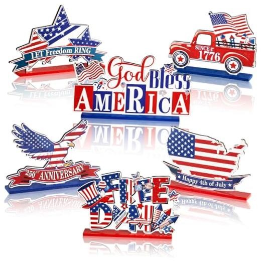 6 Pcs Wood Tabletop Signs 4th of July Patriotic Wooden Table Independence Day