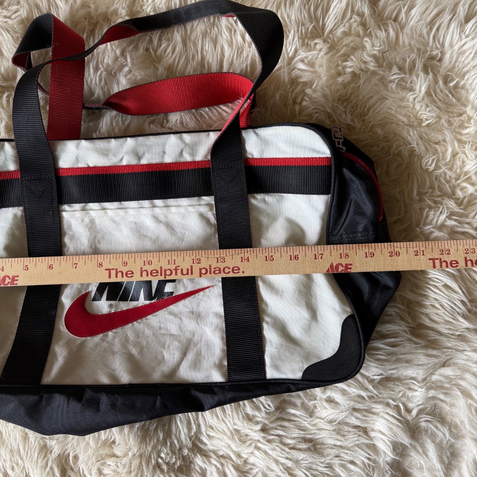 Vintage 80s 90s Nike Nylon Tote Duffle Bag White with Red Swoosh Black Handles