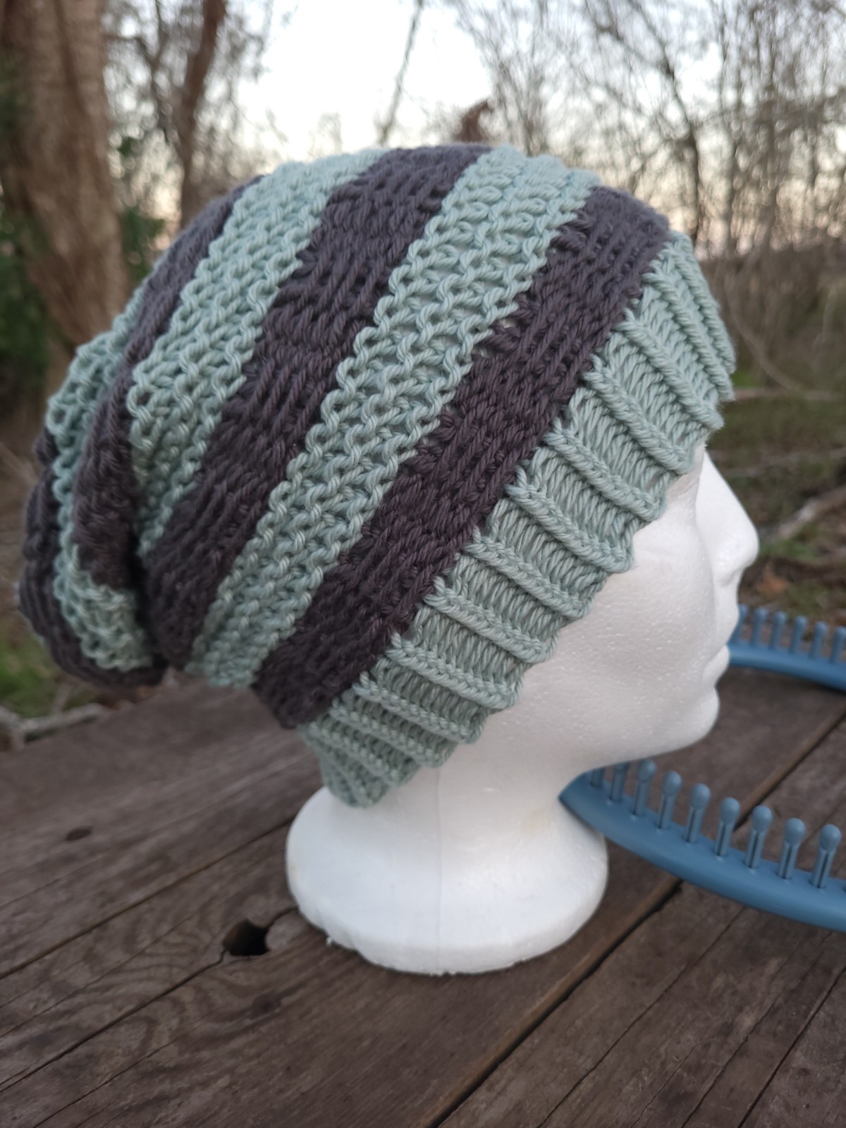Handmade Cotton Knit Striped Super Slouch Beanie Gray and Light Blue