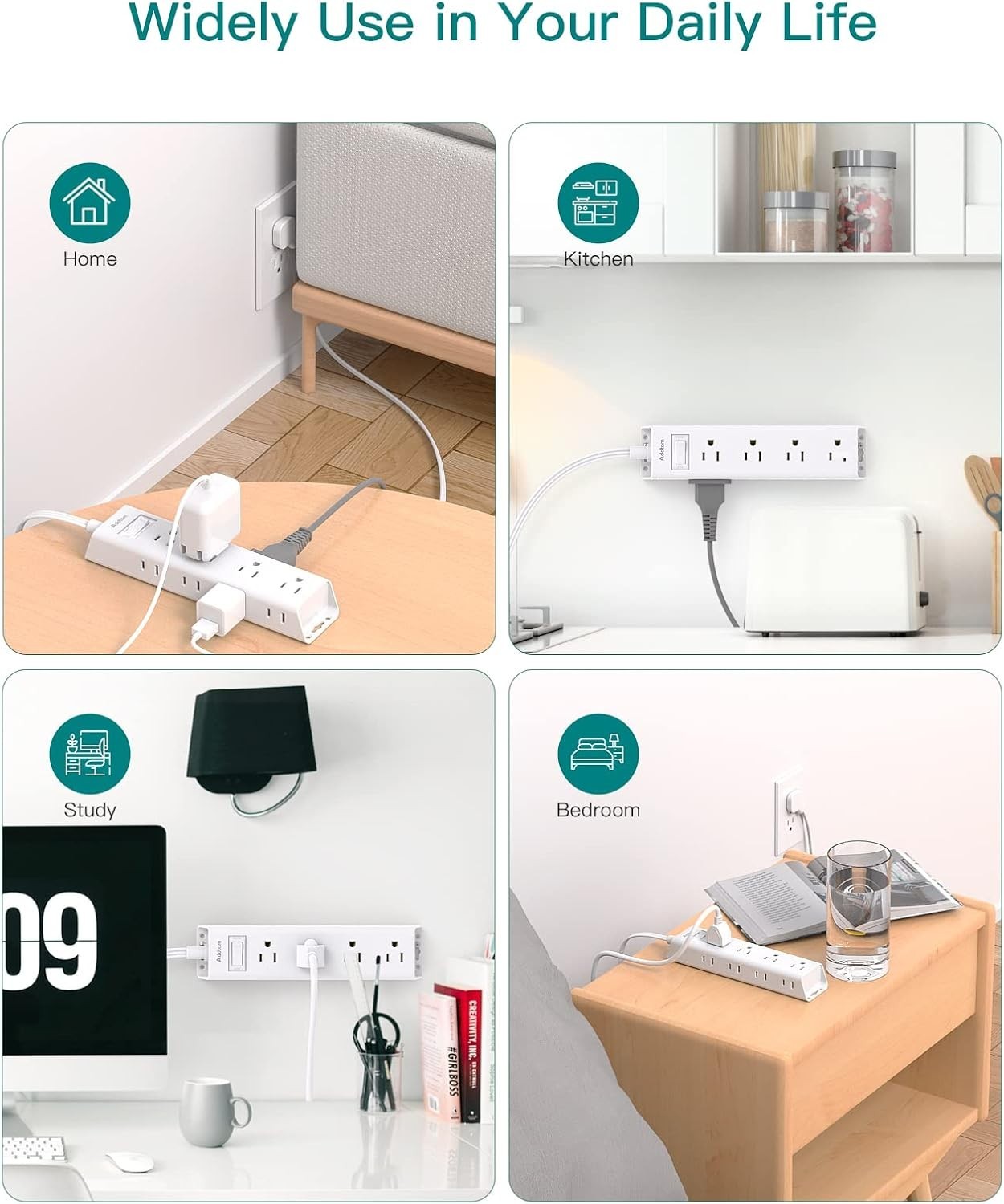 Compact 12-Outlet Flat Plug Power Strip, Wall Mountable with 3 USB Ports