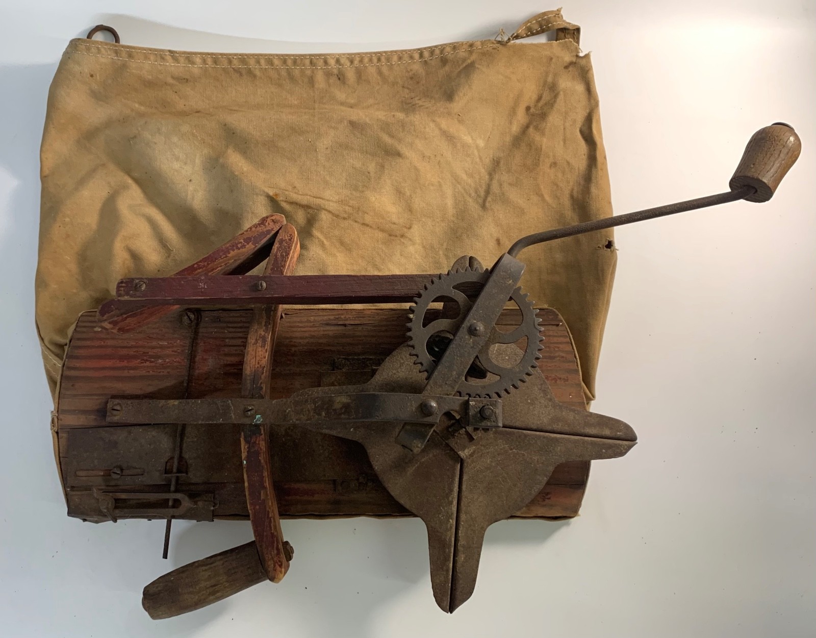 Antique 1950's Seeder Spreader Bag Hand Crank w/ Canvas Bag