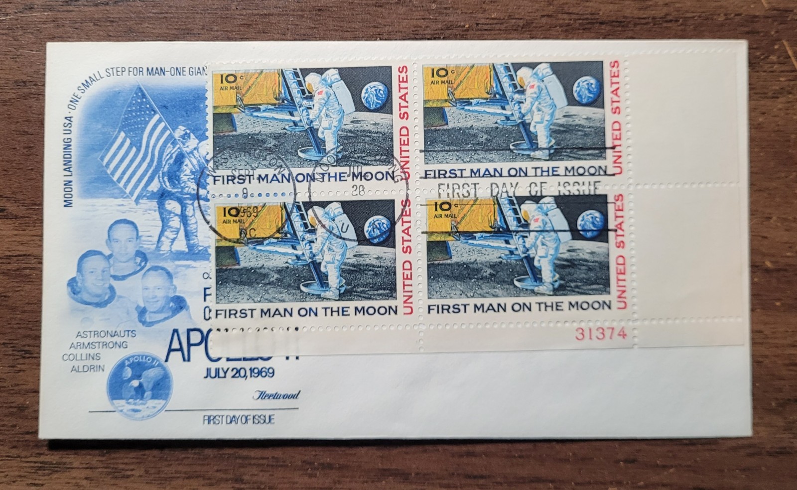 FIRST MAN ON THE MOON - 1969 FLEETWOOD FIRST DAY COVER FDC - C76 LR PLATE BLOCK