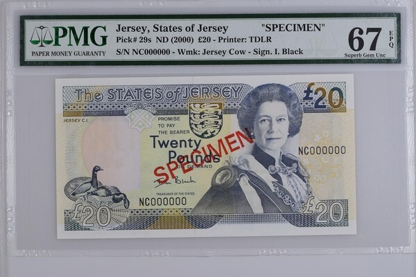 Jersey 20 Pounds ND(2000) P29s UNC - Specimen / PMG Superb GEM67EPQ / Prefix NC