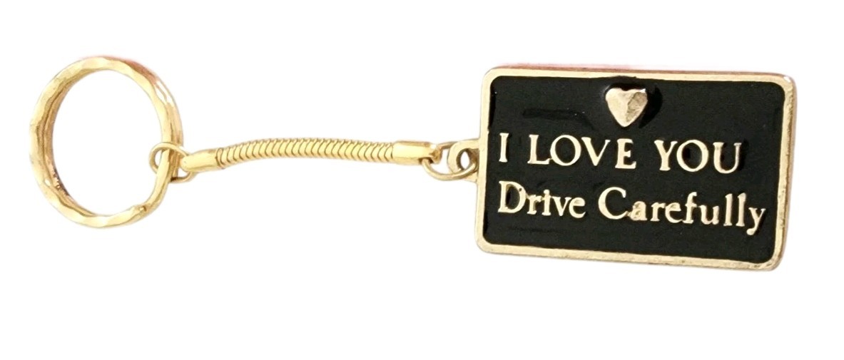 I Love You Drive Carefully Keychain Vintage Goldtone Metal Heart Driving Keyring