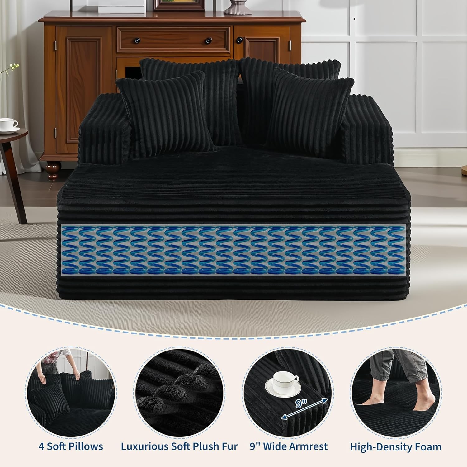 Oversized Corduroy Chaise Lounge, Deep Seat Sofa w/Pillows, No Assembly