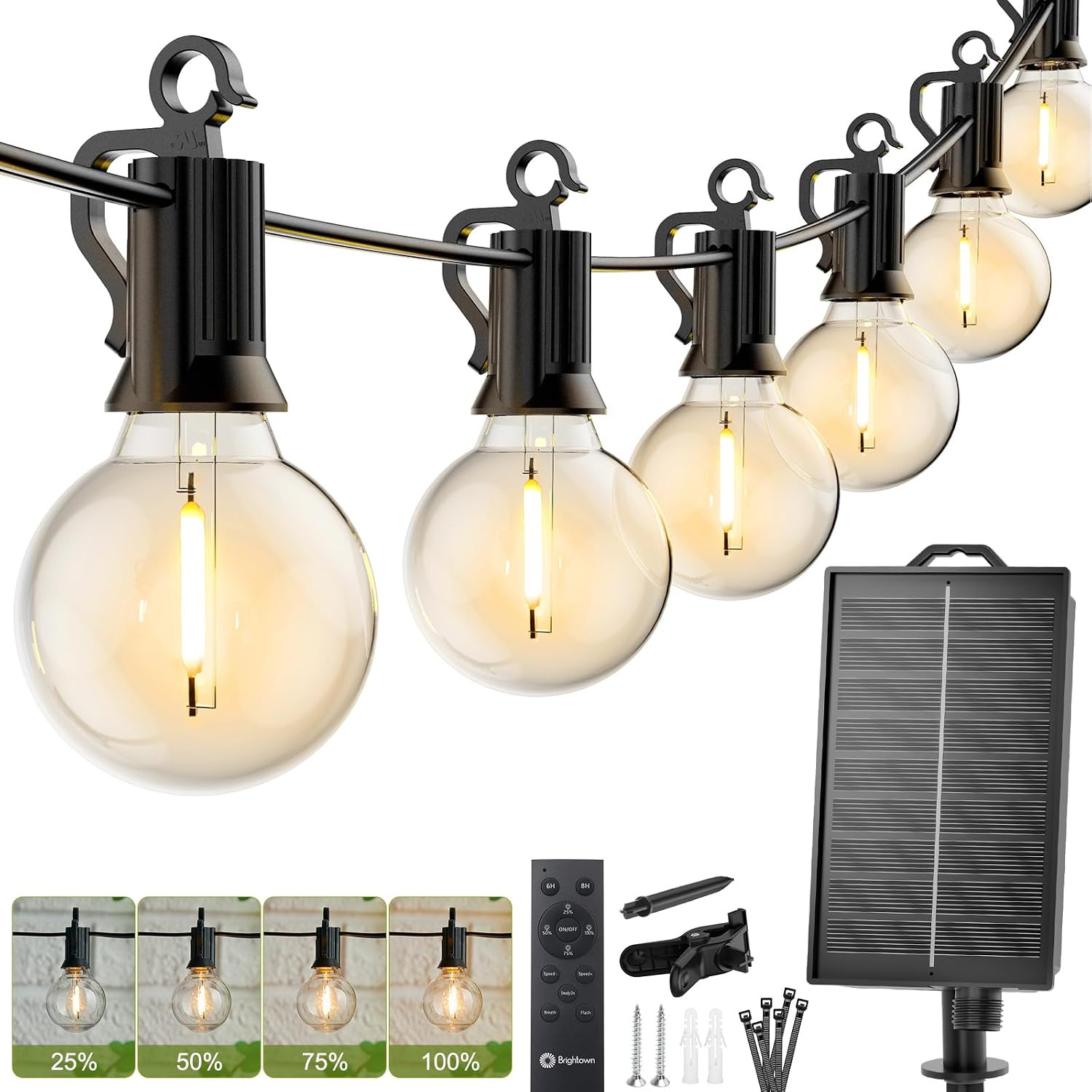Brightown 58FT Solar String Lights Outdoor with Remote Cable Ties Hooks, 17 LED
