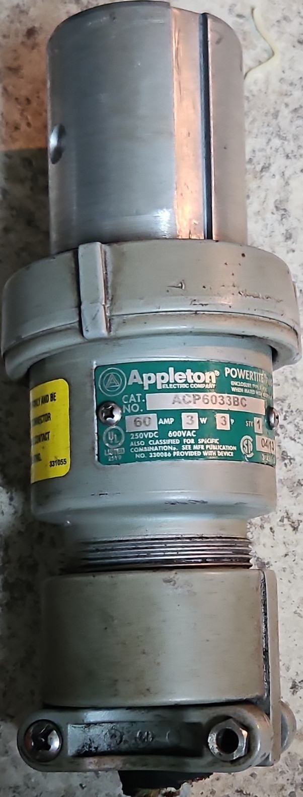 Appleton ACP6033BC Heavy Duty Electrical Plug 600VAC 250VDC 60A Gray Metal