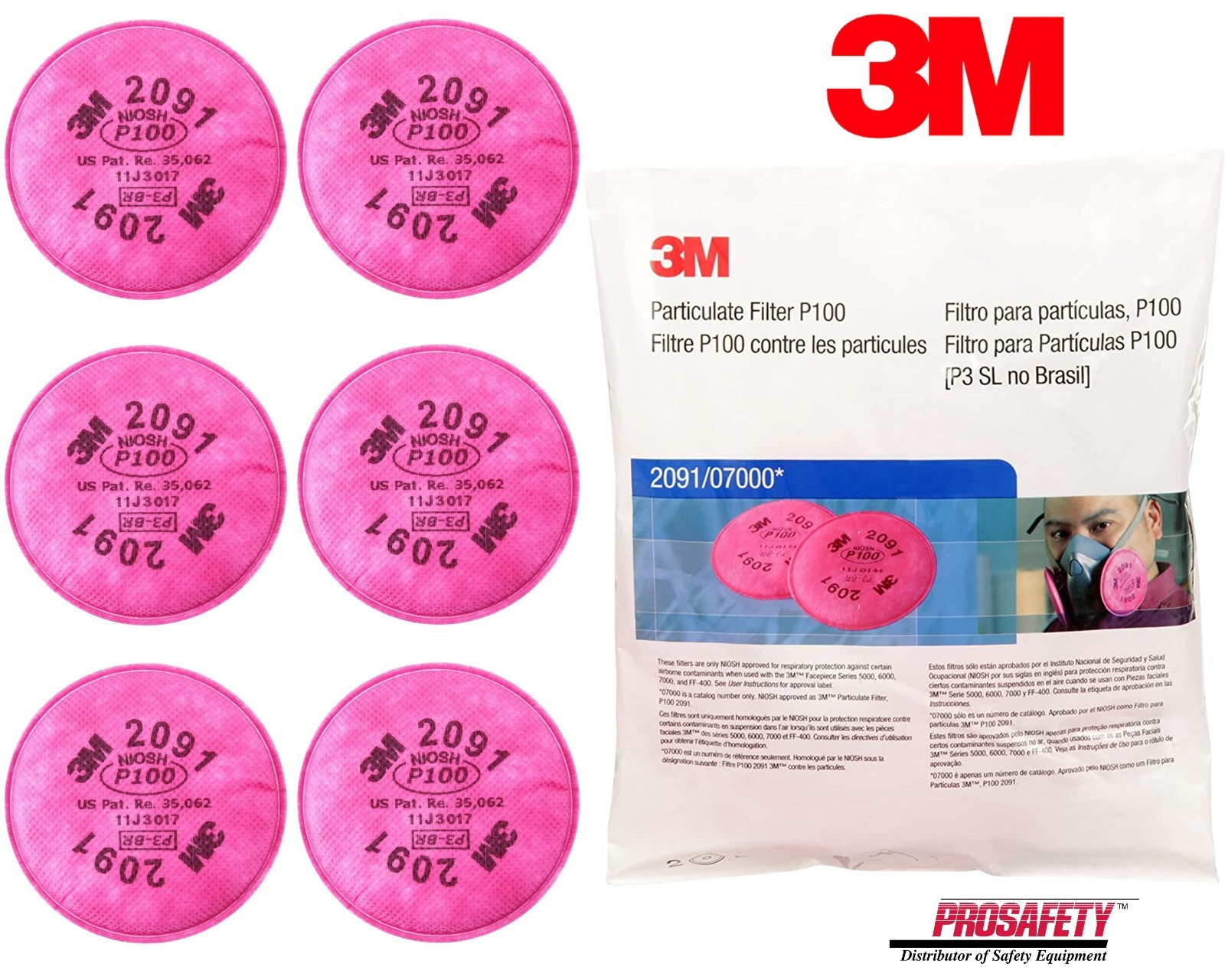 3M 2091 P100 Replacement Particulate Respirator Filter 6000, 7000 FF-400, 3 PAIR