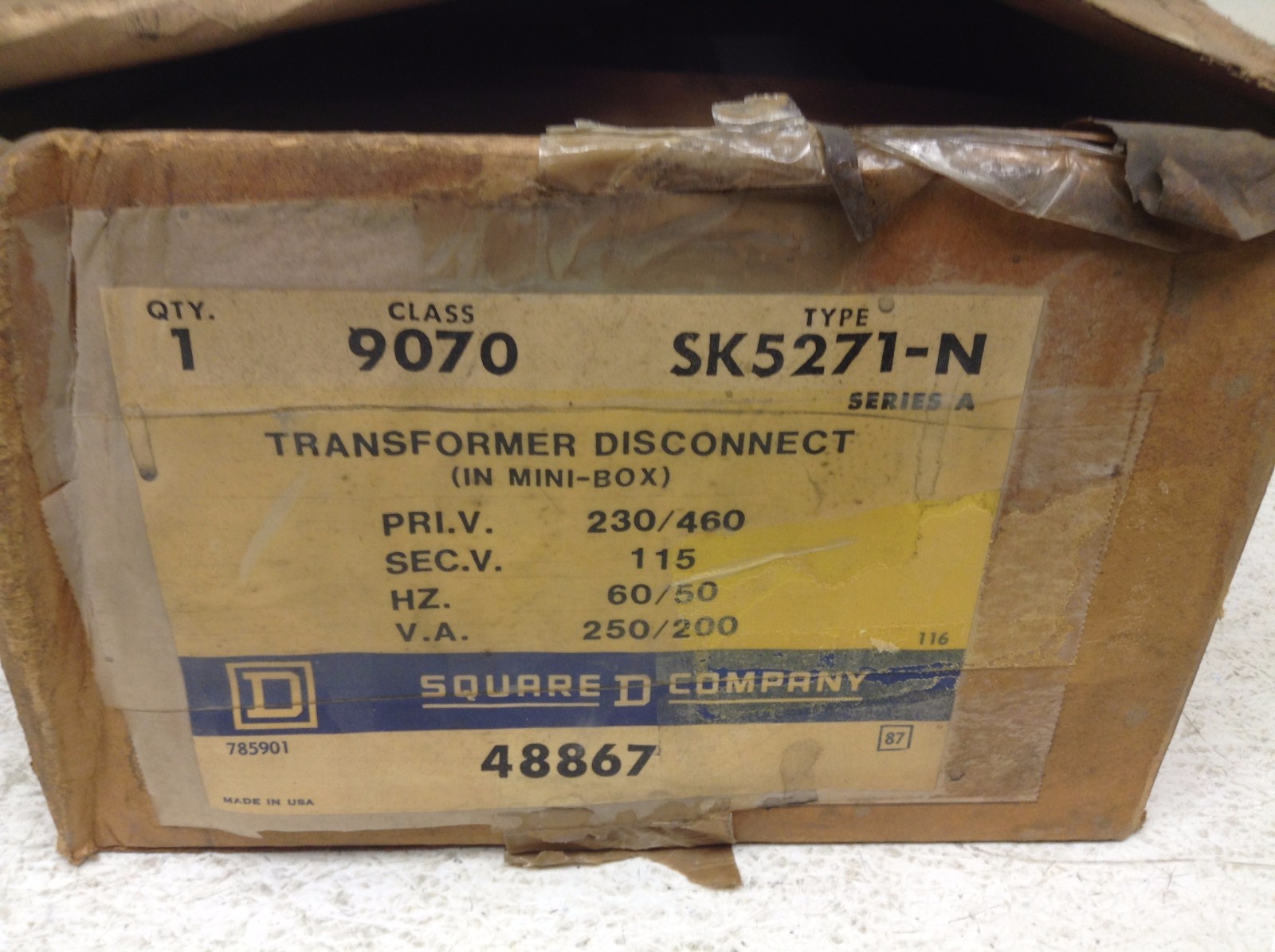 Square D 9070 SK5271-N Transformer Disconnect 250 VA 9070SK5271-N SK5271N New