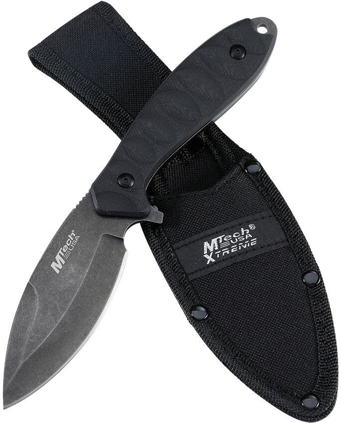 MTech Fixed Knife 4" Black Stonewash 3Cr13MoV Steel Spear Point Blade G10 Handle