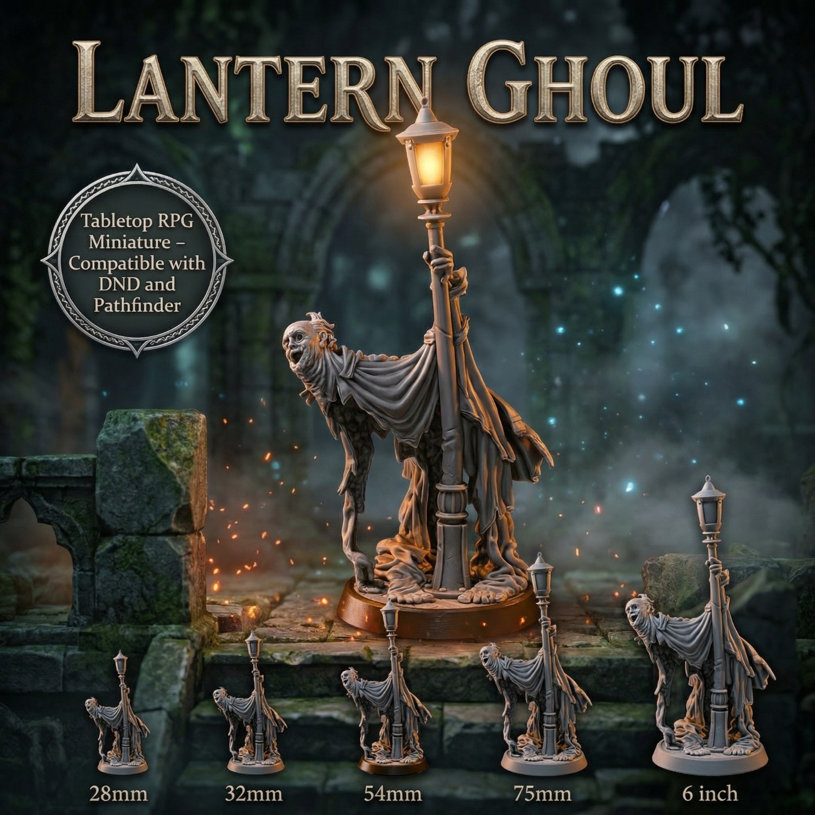 Lantern Ghoul Miniature Undead Horror Resin RPG Figure 32mm 75mm