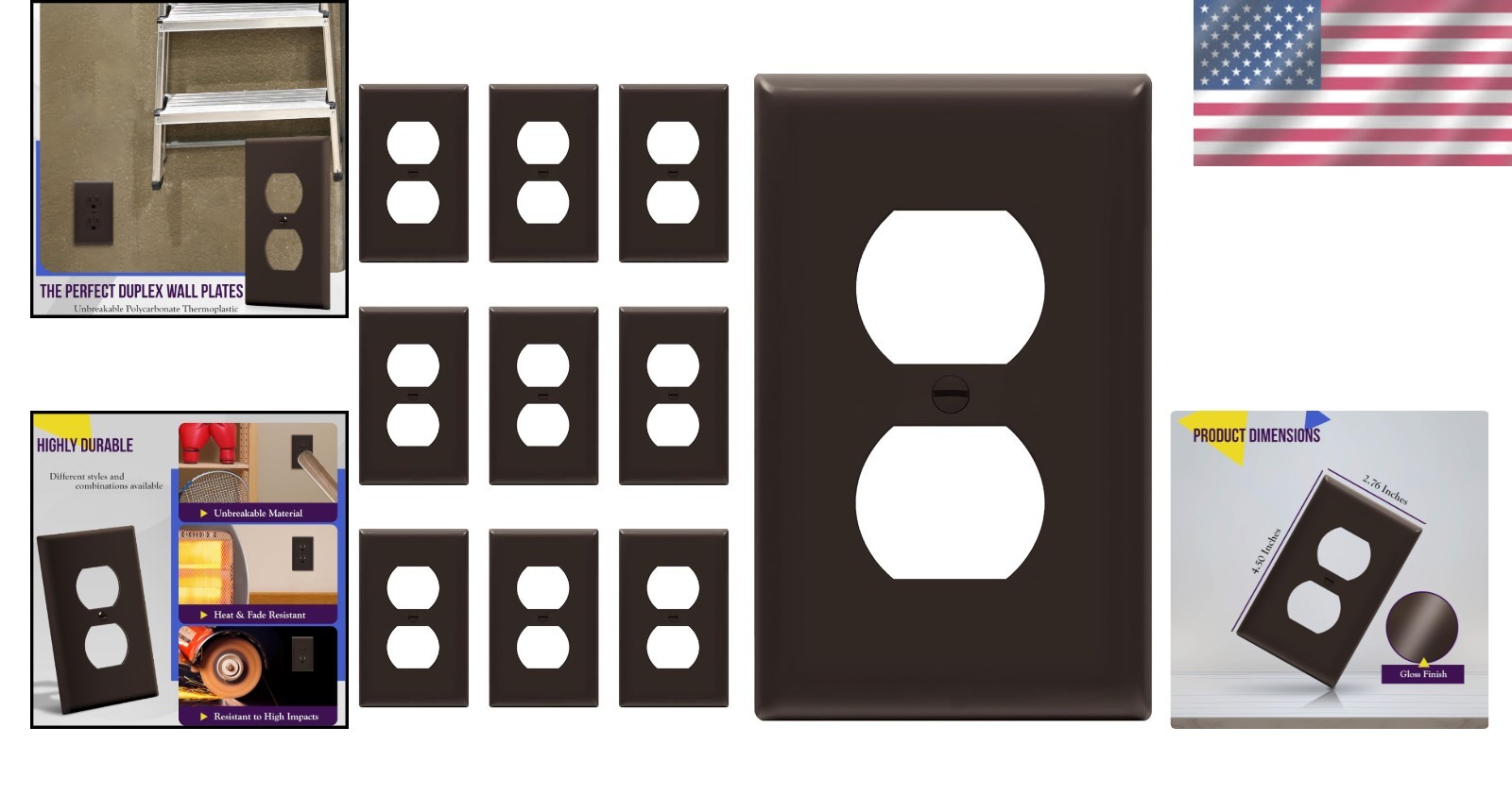10 Unbreakable Brown Duplex Wall Plates with Gloss Finish - Perfect Home Upgrade