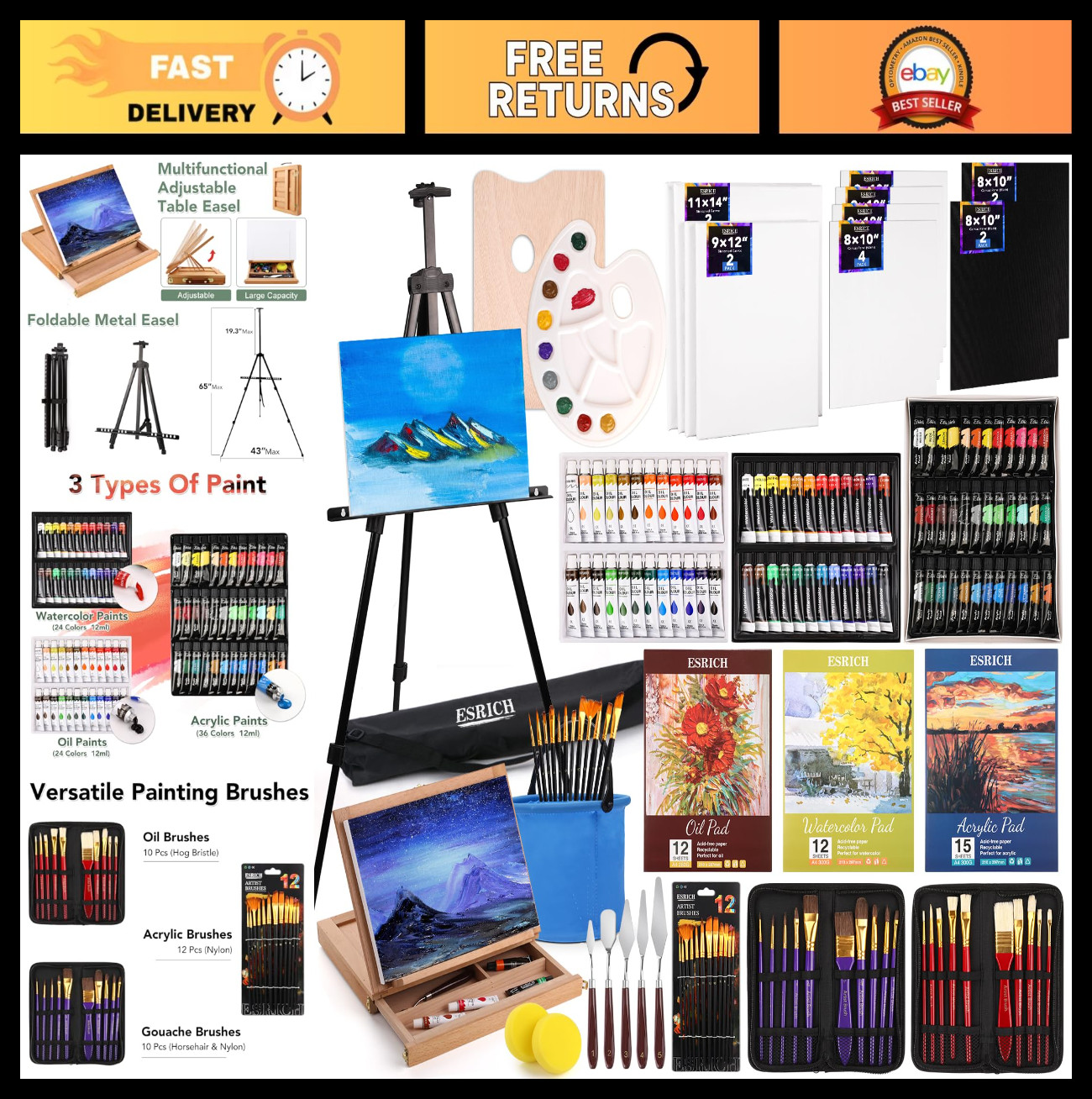 141PCS Deluxe Artist Painting Set - Oil, Watercolor, Acrylic Paints, Easels, Can