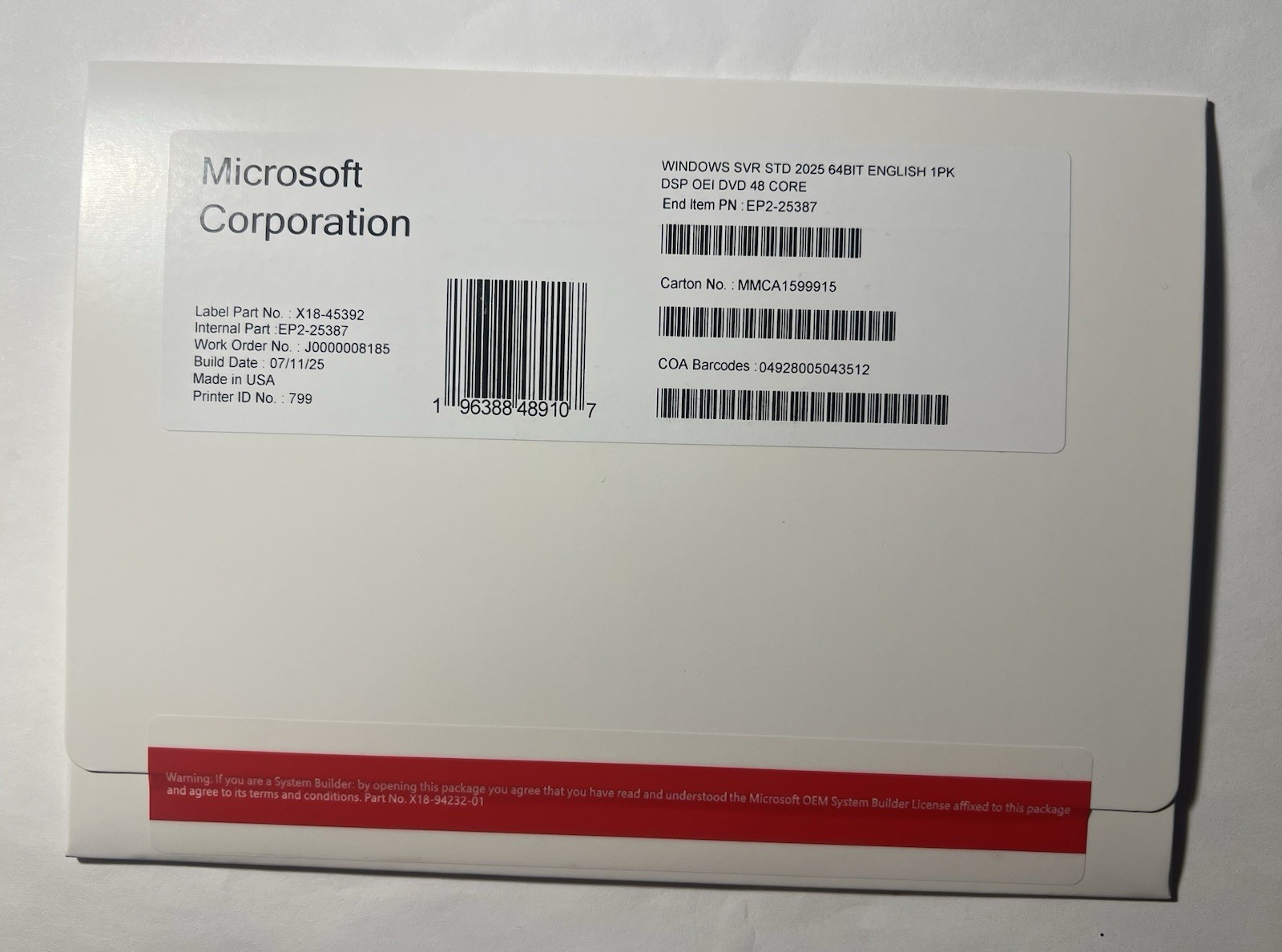 Microsoft Windows Server 2025 Standard 48 Core DVD+Sticker sealed  (NEW)