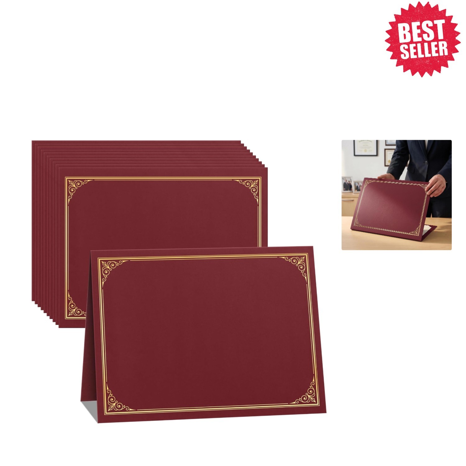 Elegant 10-Pack Burgundy Certificate Holders with Gold Foil Border for Awards