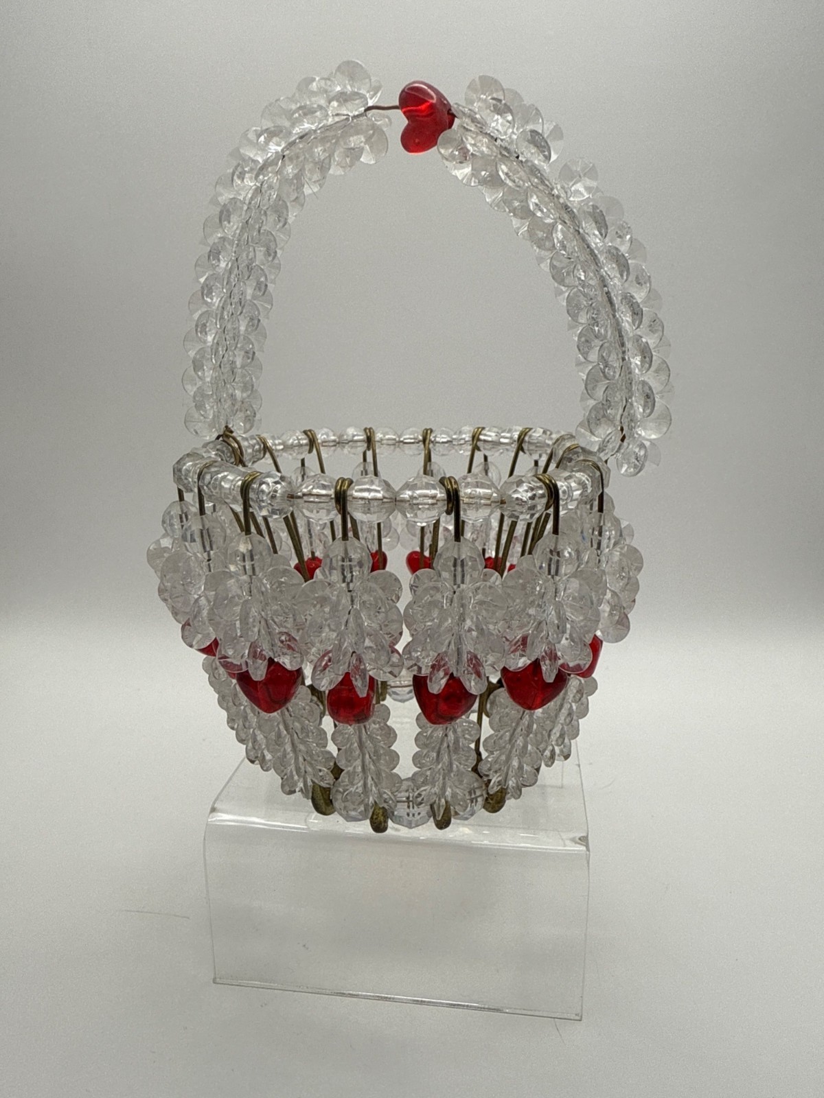 Vintage Safety Pin Basket with Clear And Red Heart Shaped Beads 5.5 in H