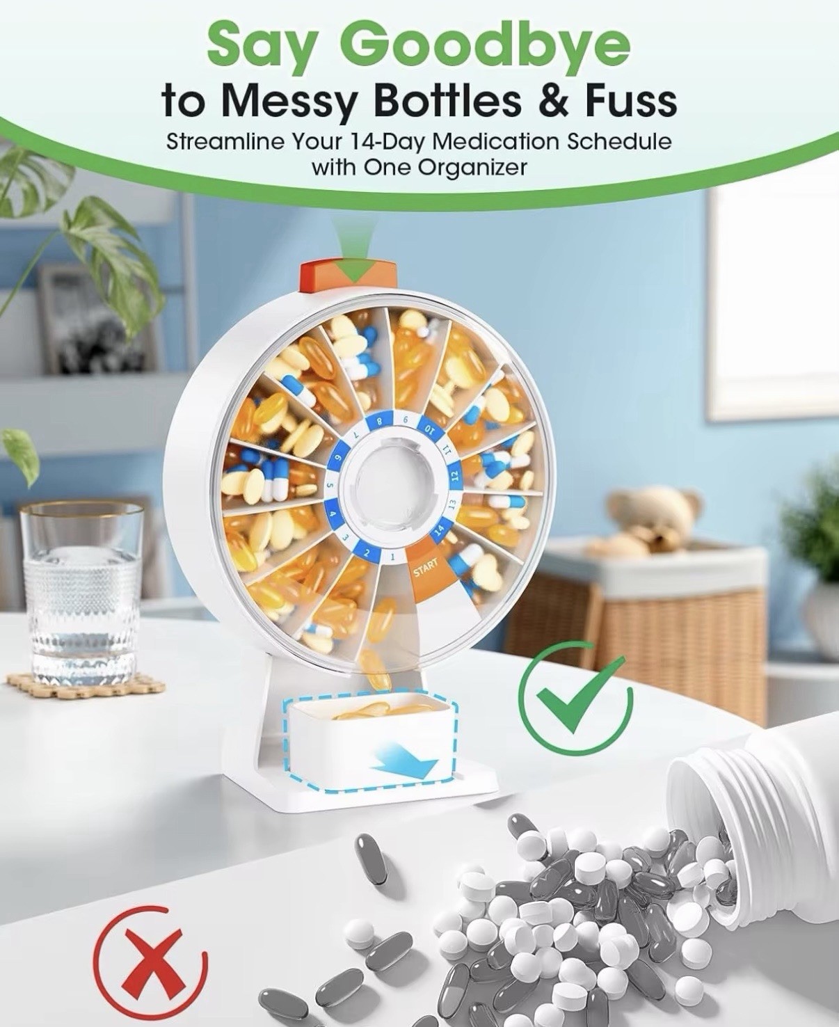 Daily Pill Organizer 14 Day Large Capacity Pill Dispenser Wall Mounted or Stand