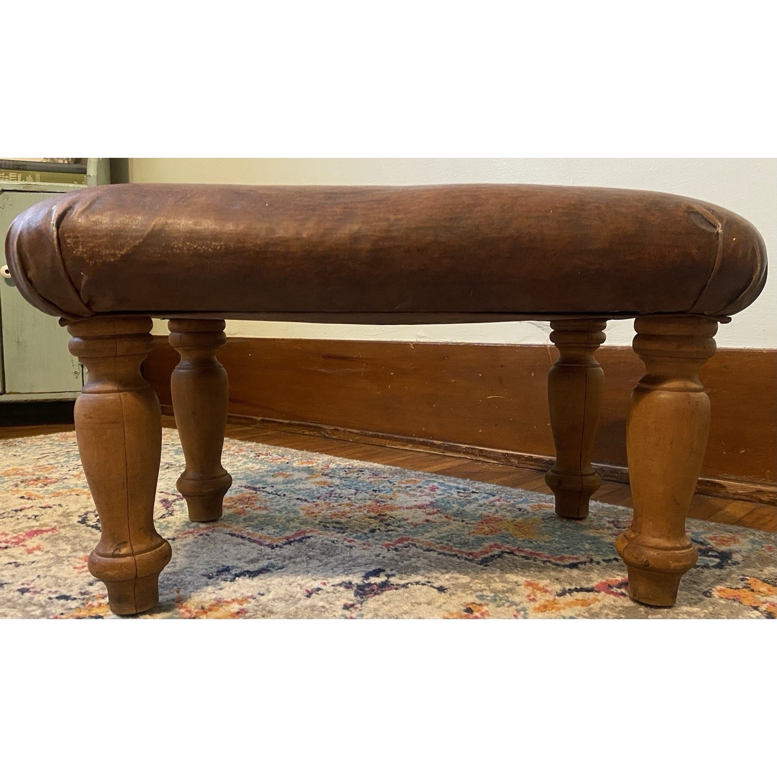 Vintage Maple Wood & Brown Vinyl Upholstered Footstool Carved Legs Dark Academia