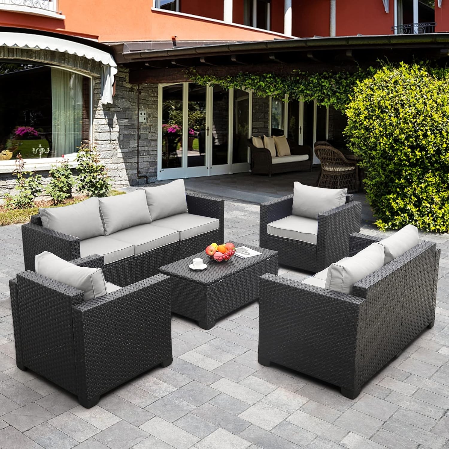 5-Piece Patio Furniture Sofa Set Outdoor Wicker Sectional Couch with Storage