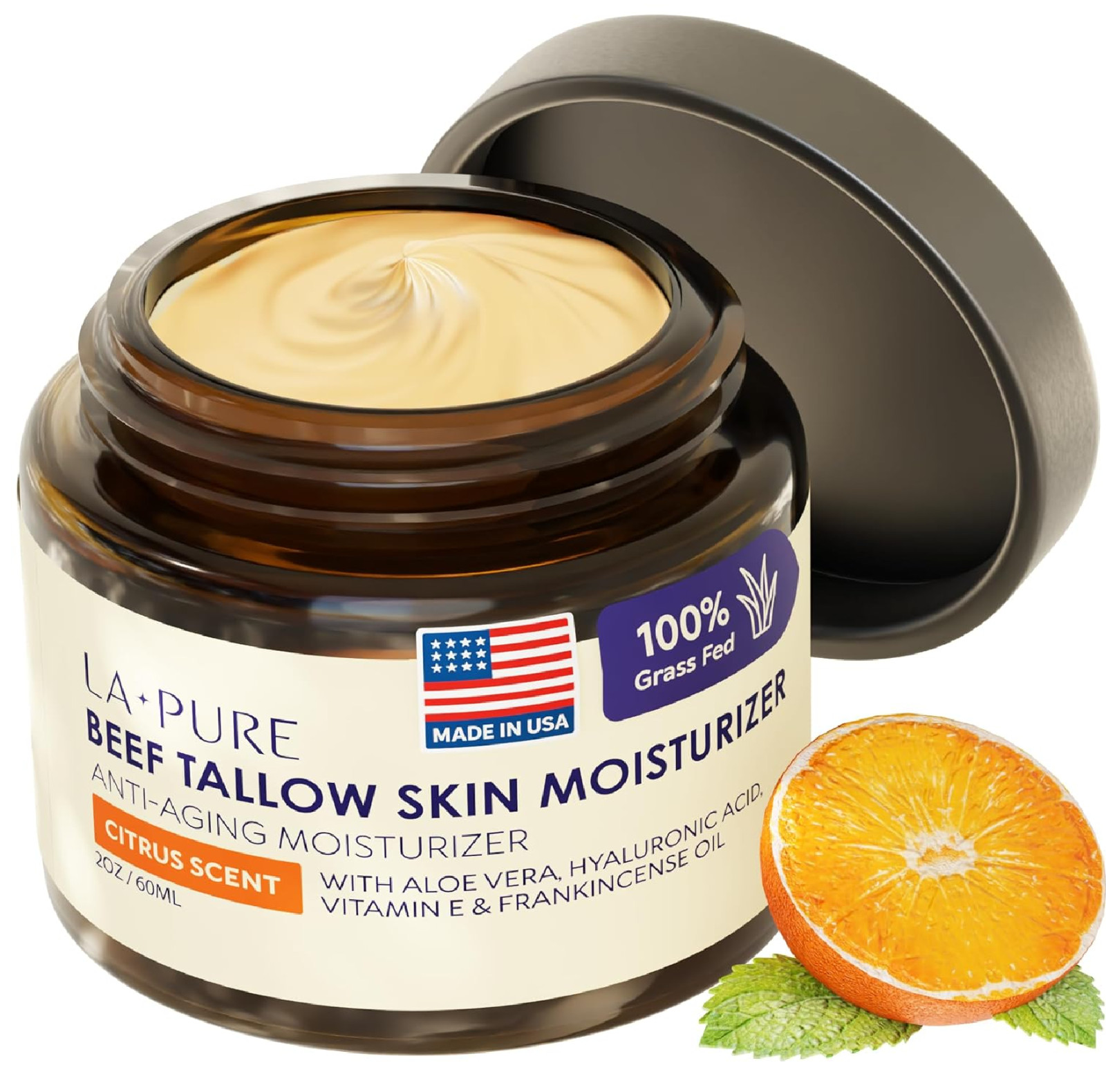 Beef Tallow for Skin, Grass-Fed Tallow Face Cream with Hyaluronic Acid, Aloe Ver