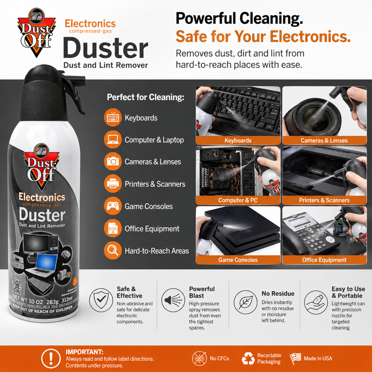 Dust-Off Electronics Compressed Air Duster 10 oz – 6 Pack | Removes Dust from Ke