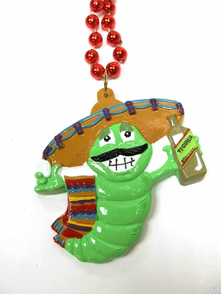 Tequila Green Worm Sombrero Cinco De Mayo Mardi Gras Bead Necklace