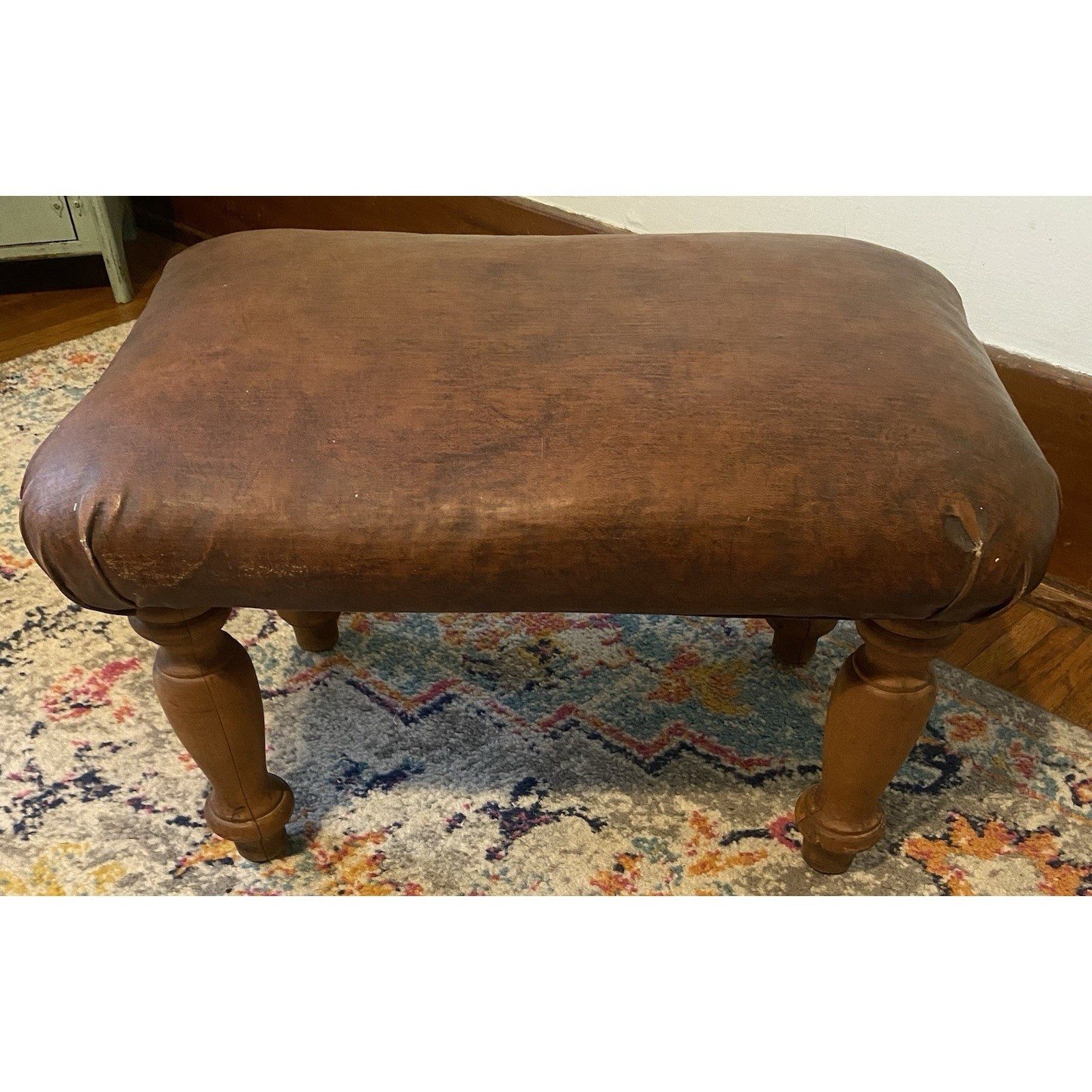 Vintage Maple Wood & Brown Vinyl Upholstered Footstool Carved Legs Dark Academia