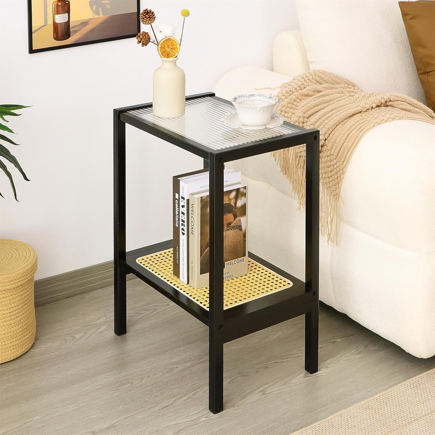 2-Tier Bamboo Side Table Modern Glasstop Rattan Side Table Mid Century Wood