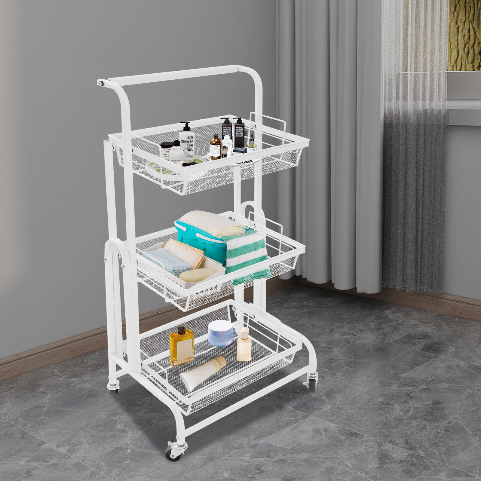 3-Tier Multi-Functional Storage Cart Metal Rolling Utility Cart White Adjustable