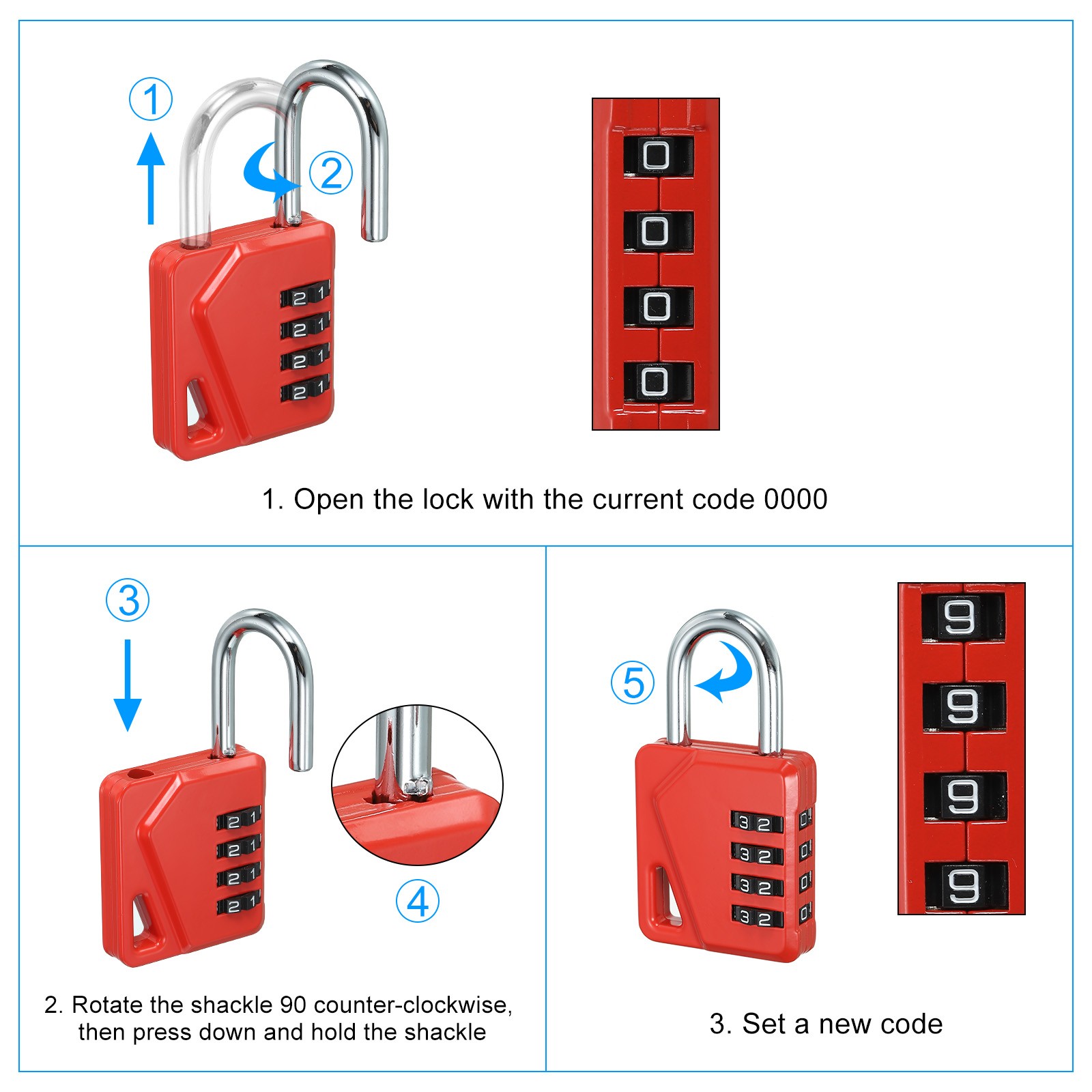 4 Digit Combination Padlock, Zinc Alloy Resettable Combination Lock Black