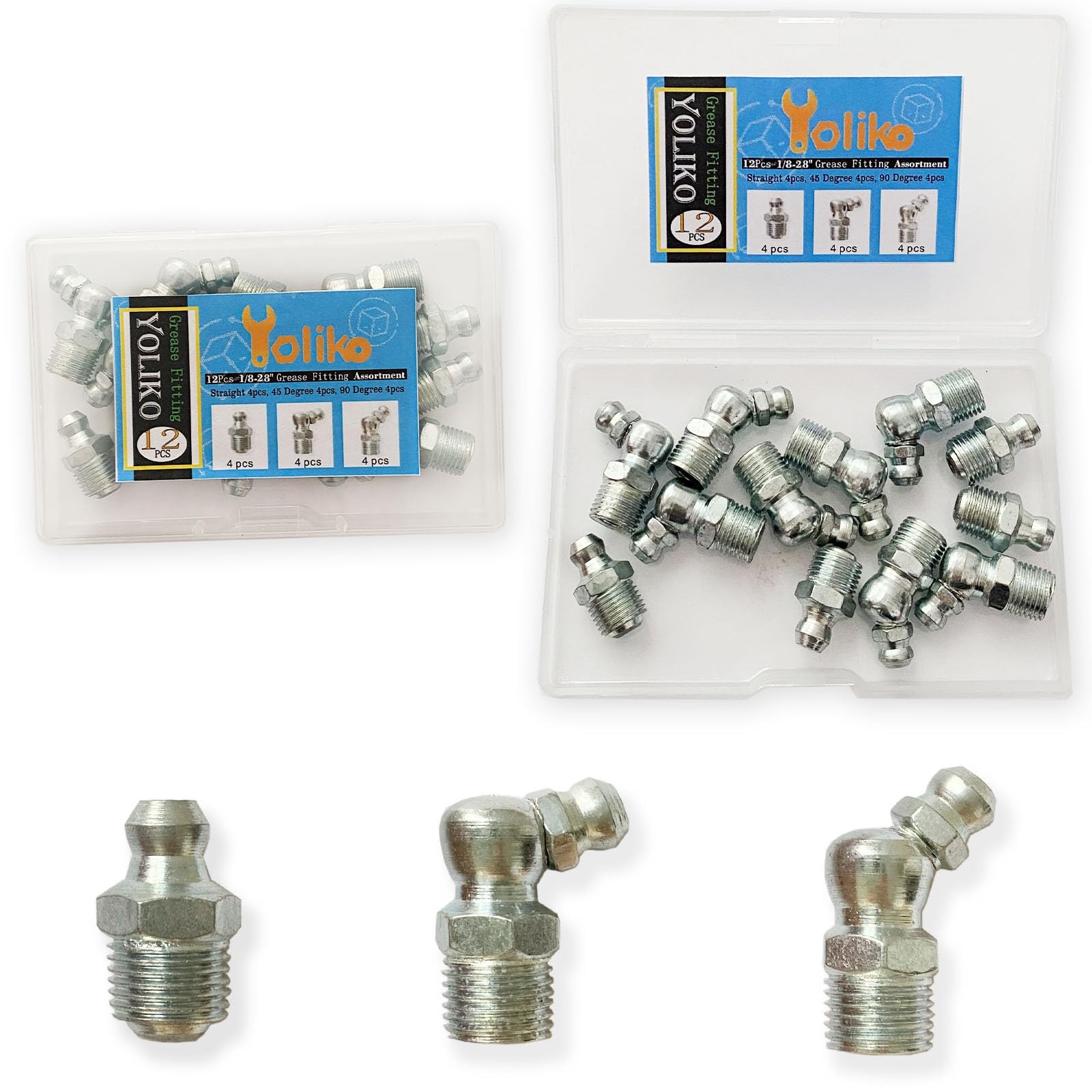 1/8"28 12Pcs Grease Fitting Assortment Straight 45 & 90 Degree Grease Zerk F