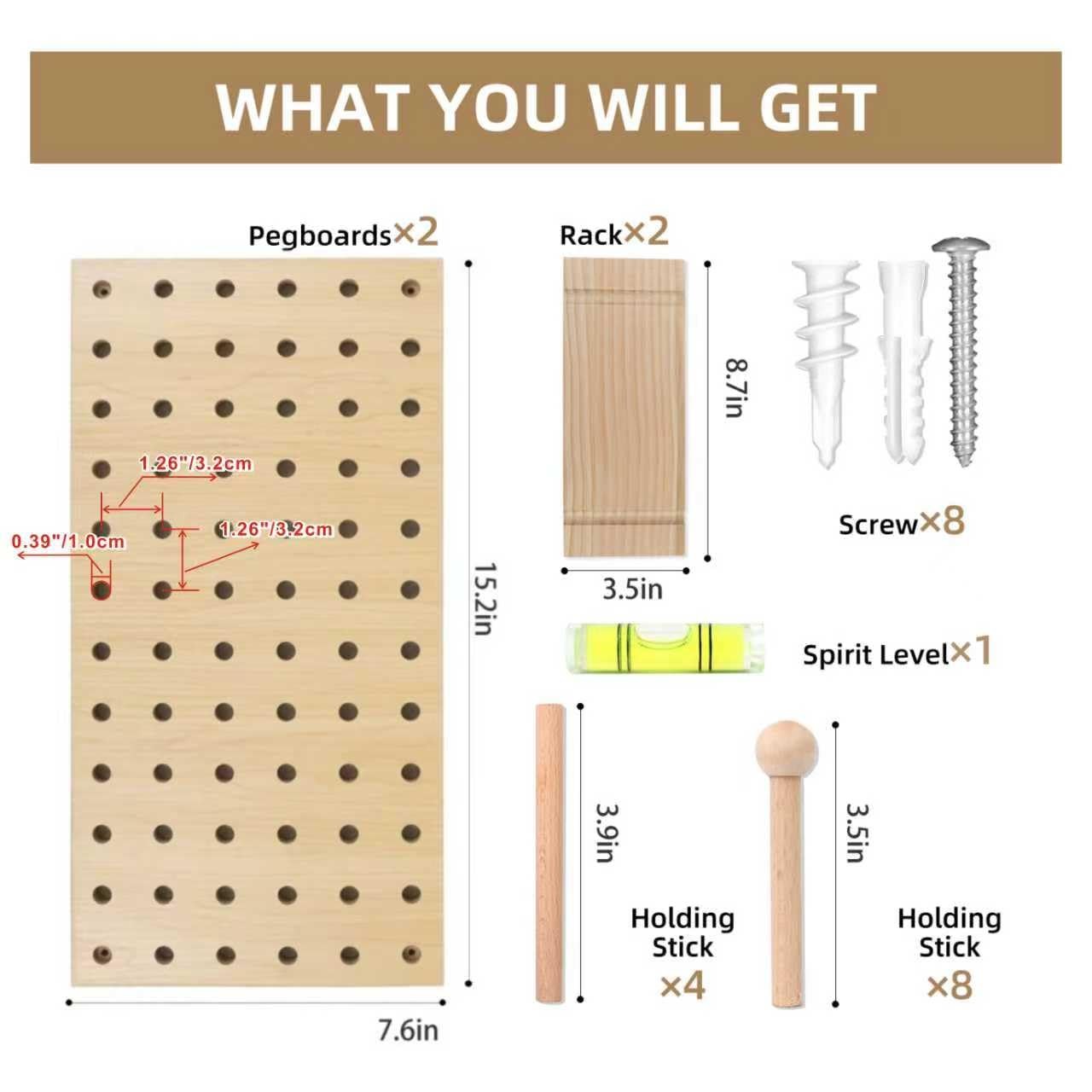 2 Pack Beige Wooden Pegboard Modular Wall Organizer Includes Hooks & Shelf