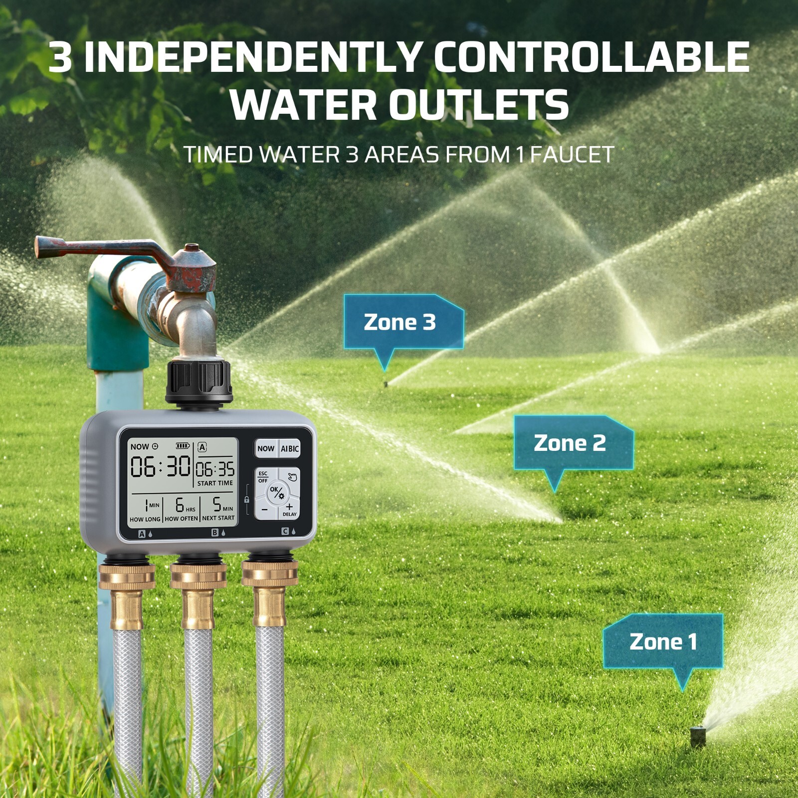DEWENWILS 3 Zone Sprinkler Timer, Outdoor Water Timer, Programmable Hose Faucet