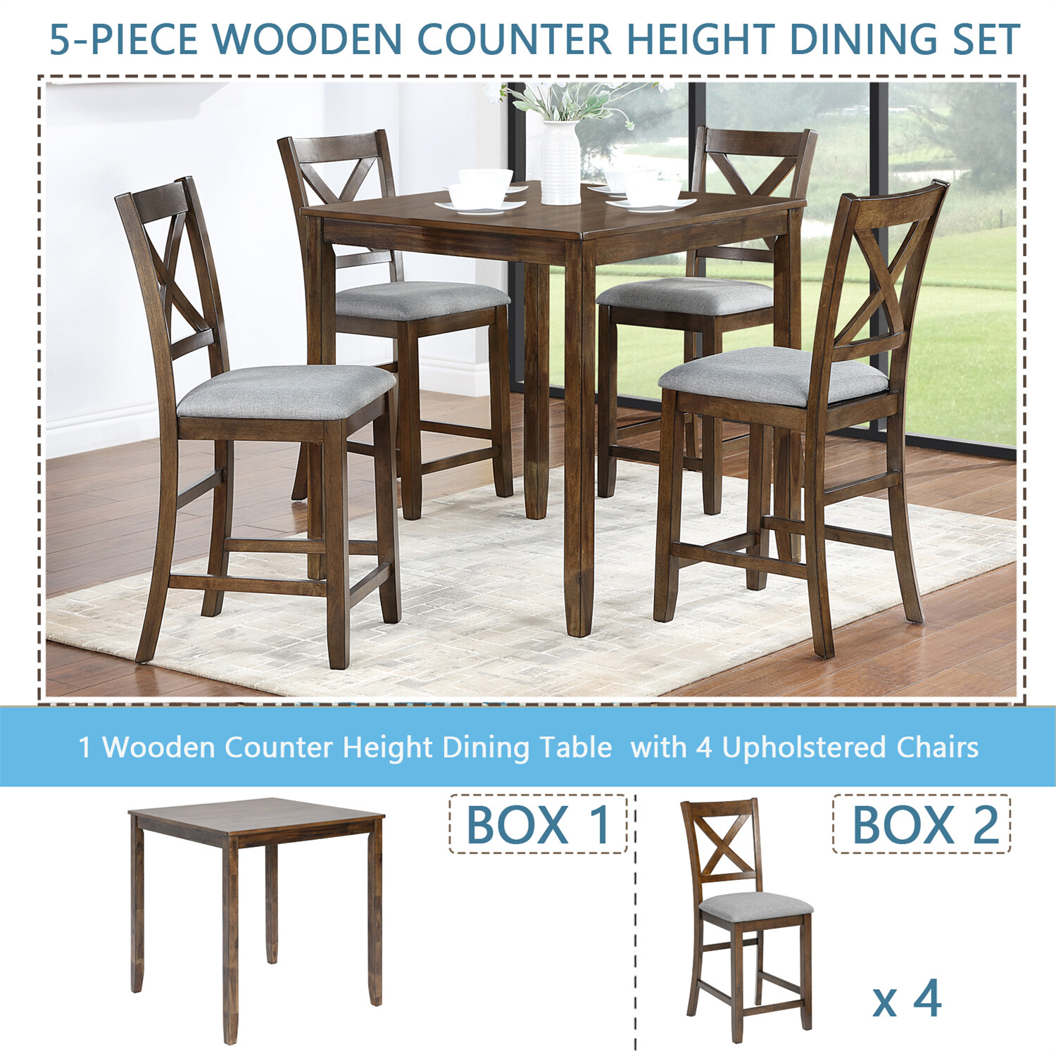 5 Piece Dining Table Set Dining Table w/ 4 Chairs for Kitchen Dining Room Walnut