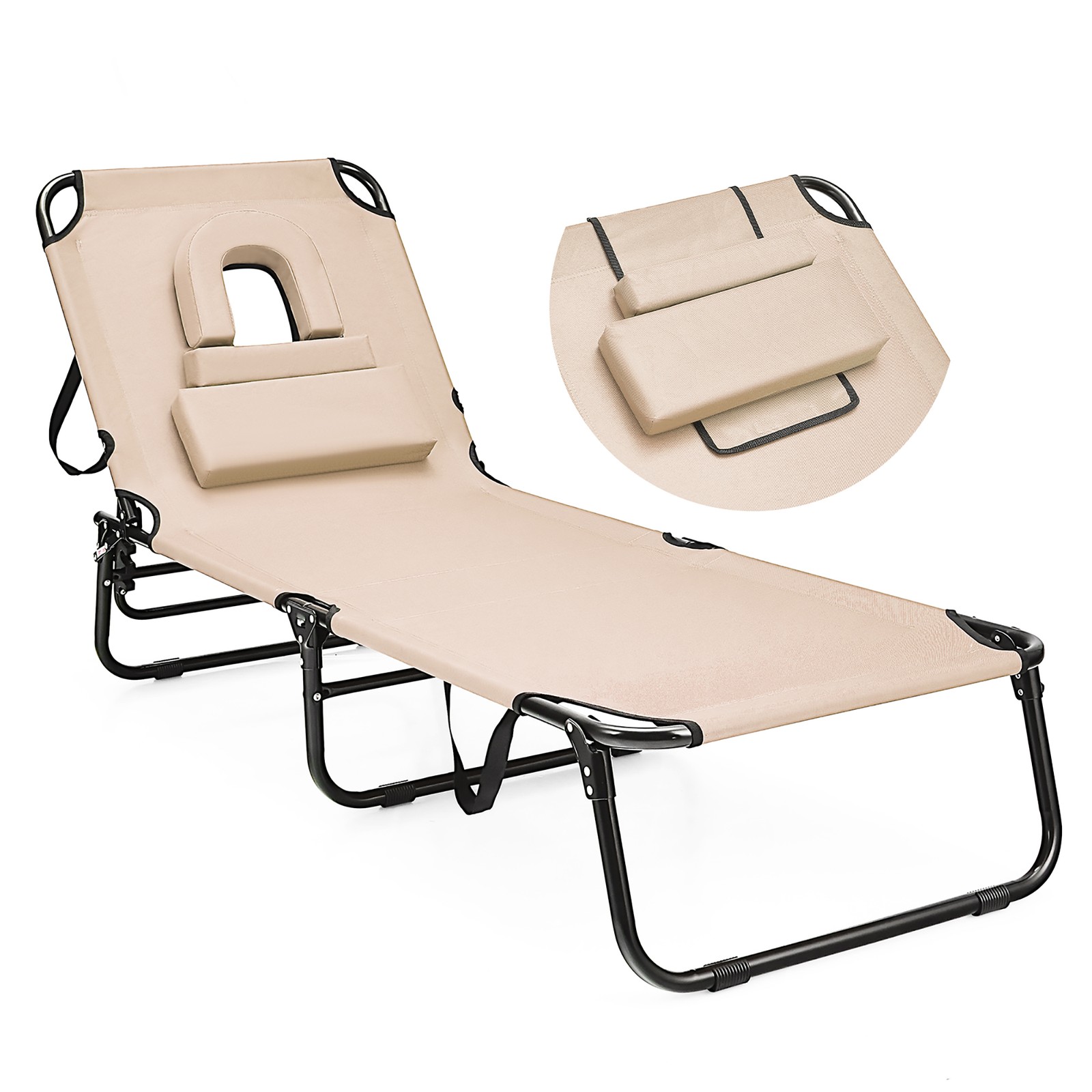 5-Position Lounge Chair Adjustable Beach Chaise w/ Face Cavity & Pillows Beige
