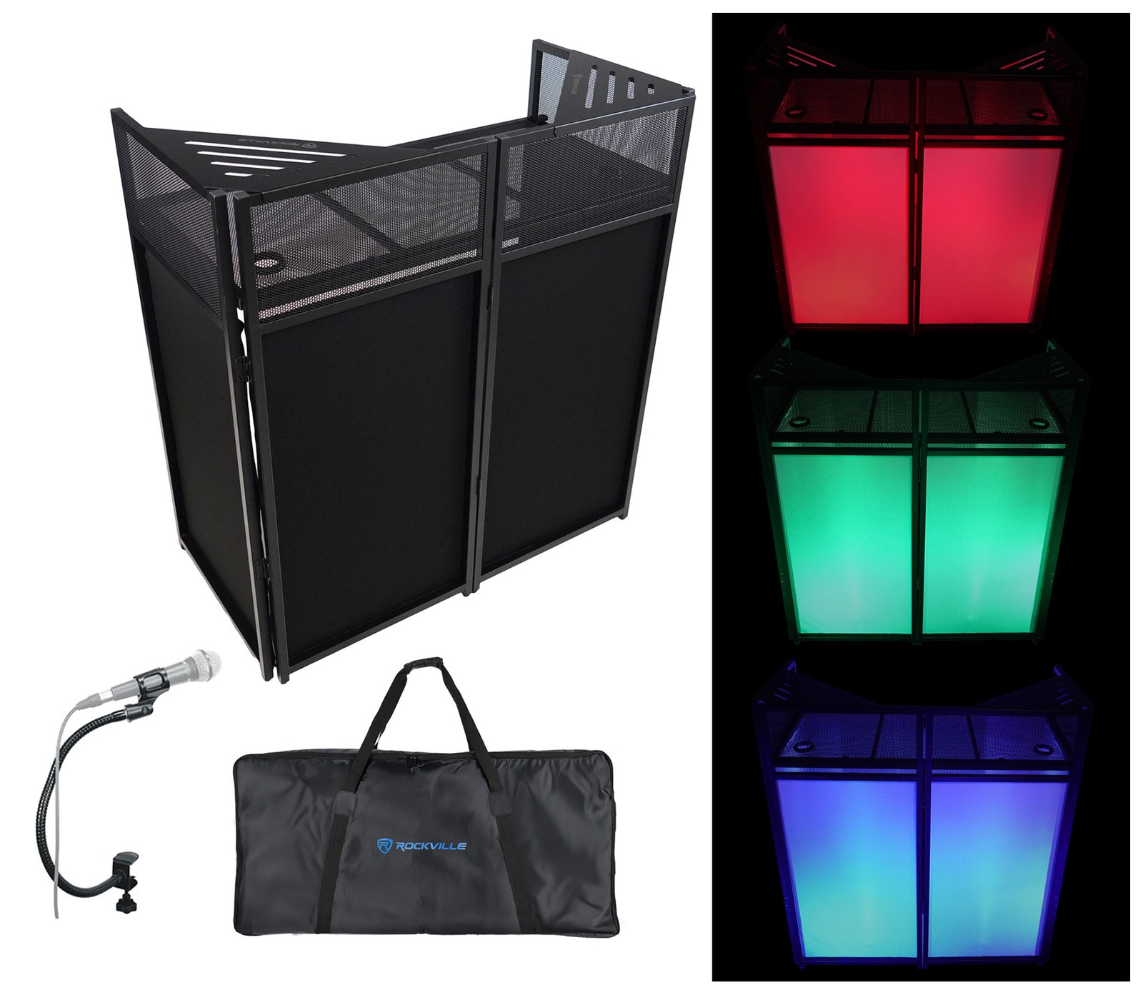 Rockville ROCKBOOTH DJ Booth Event Facade w/Table+Bag+Scrims+Gooseneck Mic Stand