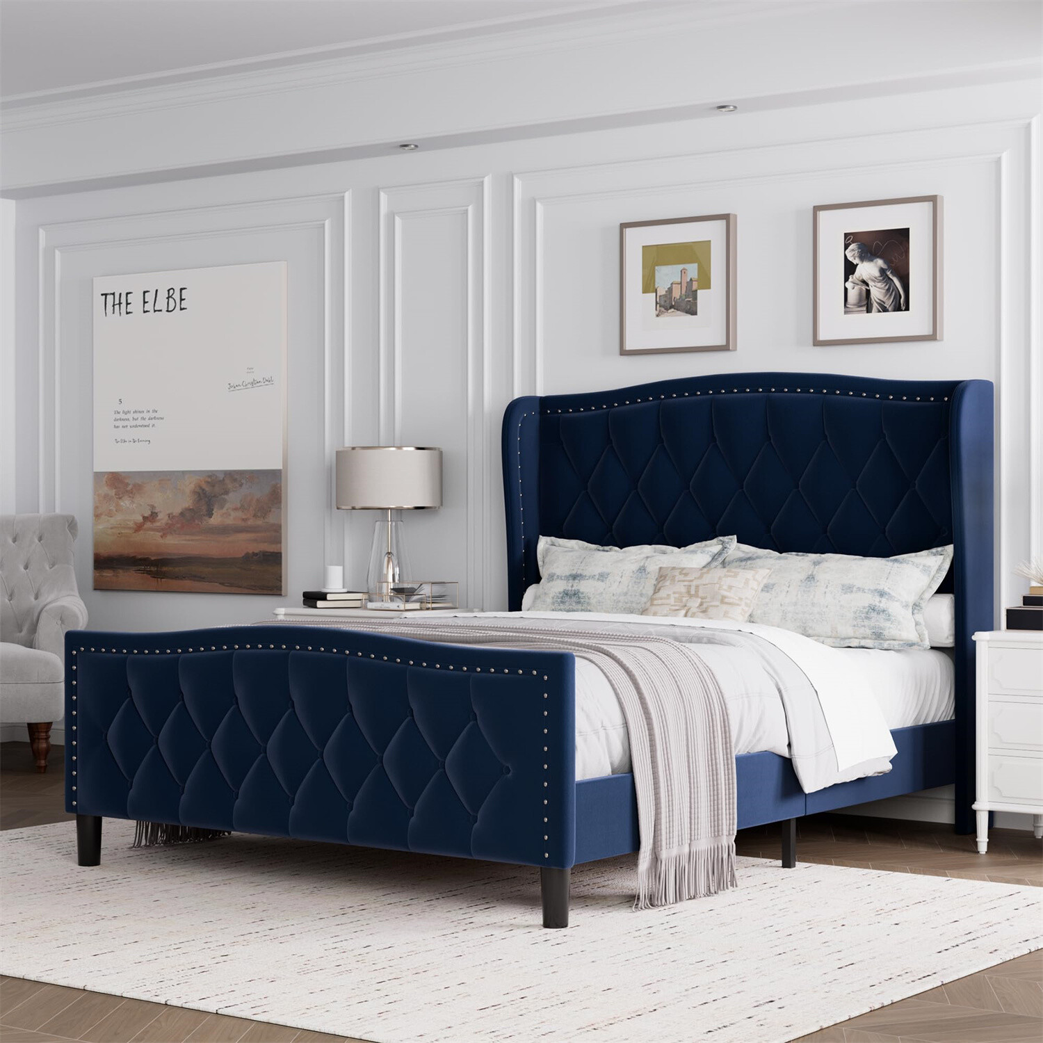 Full Bed Frame Velvet Upholstered Platform Bed with Wing Side Headboard Sturdy