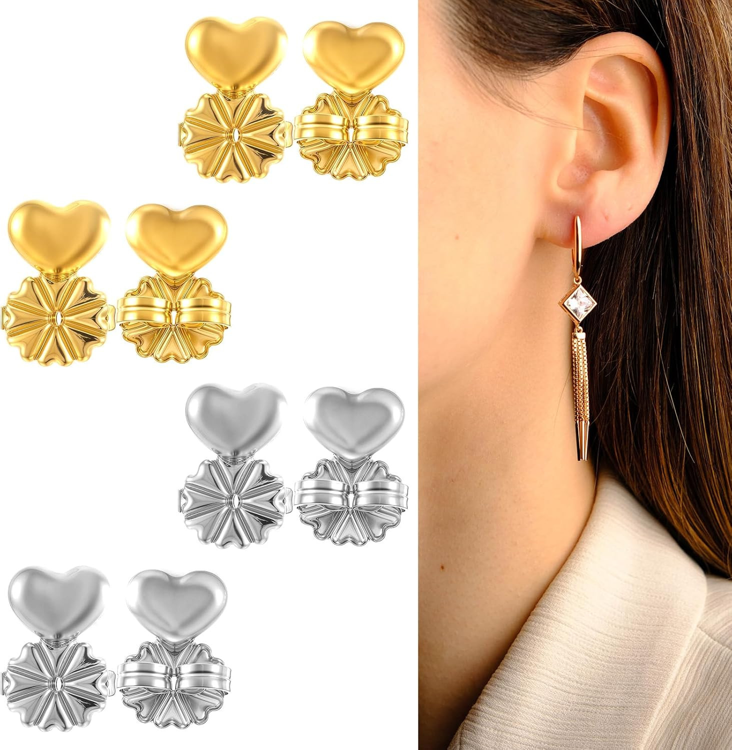4 Pairs Earring Backs for Droopy Ears, Earring Lifter for Heavy Support Backs L